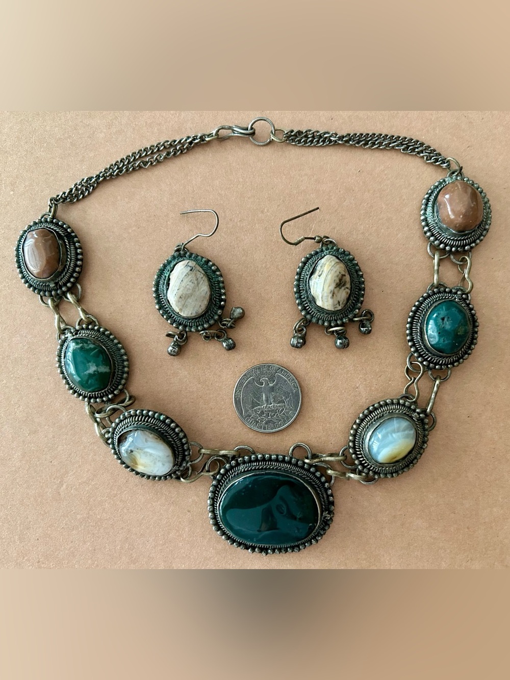 Vintage Green and Cream Stone Necklace & Earring Set